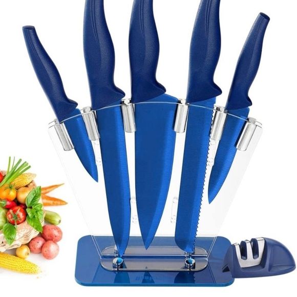 Blue 7 piece Kitchen Knife Sets, Knife Block Stainless Steel with Knives - Picture 2 of 7